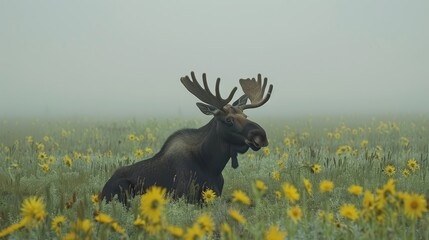   A moose is situated in a field filled with wildflowers, with its mouth agape and tongue extended