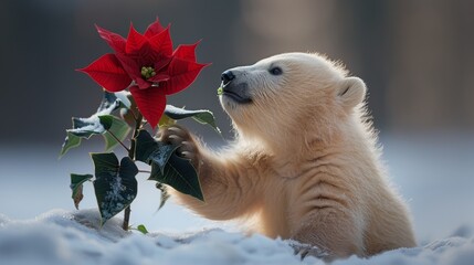   A polar bear gazes at a red poinsettia, holding its bloom in paws - obrazy, fototapety, plakaty