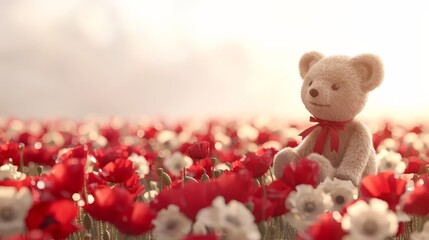   A  bear in a red and white tulip field, against a sky backdrop