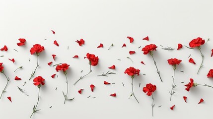   A collection of red flowers stacked atop a white table, arranged next to one another