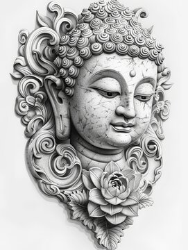 Black and white drawing of a buddha head