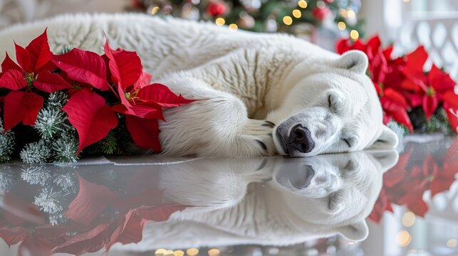   A polar bear resting next to a poinsettia arrangement and a Christmas tree illuminated by lights