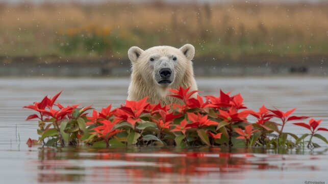   A polar bear wades in a body of water Red flowers dot the foreground Grass blankets the background