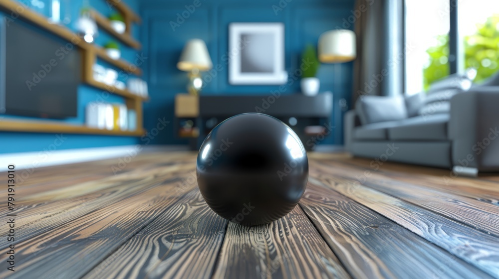 Sticker   A black ball rests atop a wooden floor, situated before a living room boasting blue walls and furnishings