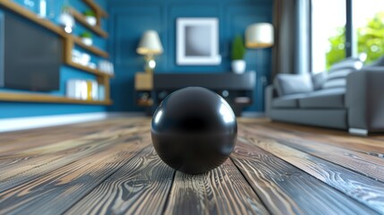   A black ball rests atop a wooden floor, situated before a living room boasting blue walls and furnishings - obrazy, fototapety, plakaty