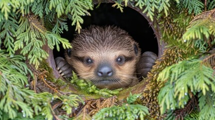 Fototapeta premium A baby sloth emerges from a tree hole, gazing out with its round eyes against a backdrop of lush pine branches swathed in green needles