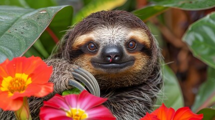 Obraz premium A brown-and-white sloth sits atop a lush, green forest leaf, surrounded by red and yellow flowers