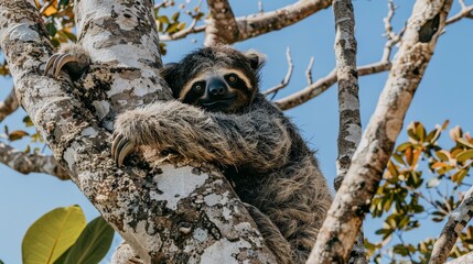 Fototapeta premium A brown and black sloth is wedged in a tree, its head impaled on a branch top