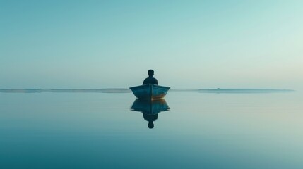   Person in boat, surrounded by water, blue sky above - obrazy, fototapety, plakaty