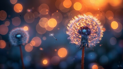   A tight shot of a dandelion against a softly blurred background, featuring a clear dandelion in the foreground