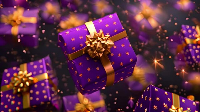 Purple giftbox flying with golden particles. Realistic violet gift box with golden ribbon bow background. Concept of abstract holiday, birthday or wedding present or surprise. Mother's Day. 4k video 