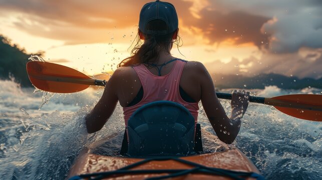   A woman in a pink shirt kayaks on a tranquil body of water as the sun sets behind her