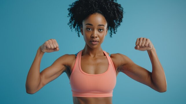   A woman showcases defined muscles in a pink sports bra against a blue backdrop, extending her arms