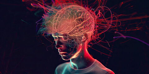 Tourette Syndrome: The Tics and Vocalizations - Visualize a person with highlighted brain showing neurotransmitter imbalance, experiencing tics and vocalizations - obrazy, fototapety, plakaty