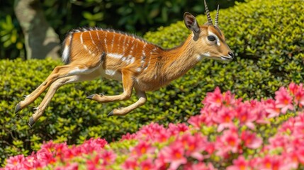   A deer leaping before a bush adorned with pink blossoms, surrounded by background vegetation consisting of bushes