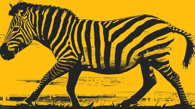  walks on grassy field, yellow backdrop, black-and-white zebra image