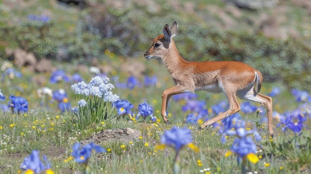   A small deer runs through a field of wildflowers and bluebells in the foreground A rocky outcropp lies in the background