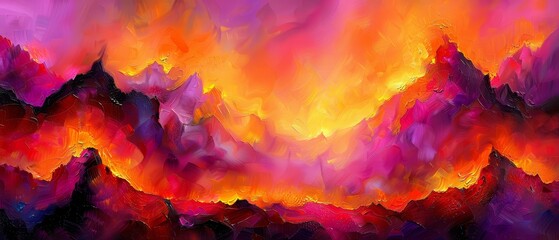   A mountain range painted in abstract style with orange, pink, and yellow hues against a purple and pink backdrop - obrazy, fototapety, plakaty