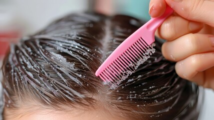   A close-up of someone combing someone else's hair with a pink comb atop it