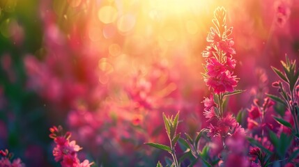   A field filled with pink flowers, sun shining through behind the trees