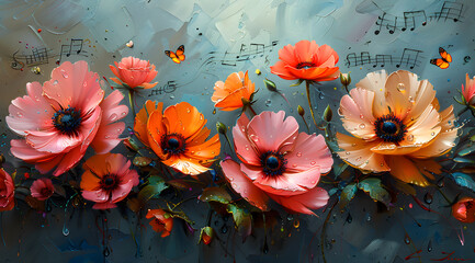 Symphony of Nature: Lush Oil Painting with Floral Harmony and Musical Notes