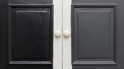   Two doors, each with two white knobs contrasting against black and white surfaces