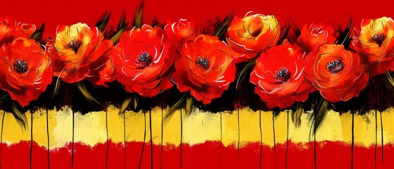   A painting of red and yellow flowers against a striped background in red, yellow, and yellow The center features a black motif
