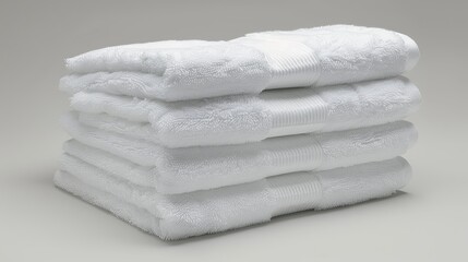   A stack of white towels on a white table, adjacent to a pile of vertically stacked towels - obrazy, fototapety, plakaty