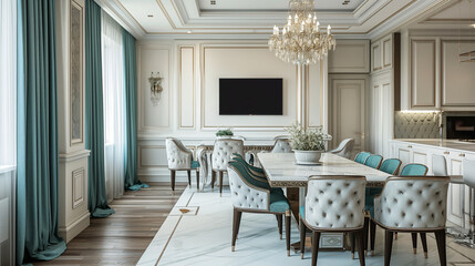 An elegant dining room with an island table and chairs, the marble top in a light grey color, in the style of baroque, white walls, turquoise curtains, vintage accessories on the wall