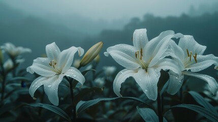   White flowers with dew, surrounded by foggy sky and trees