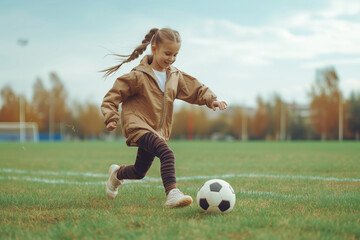 A young girl ,smiling and running, enjoys playing football on the football field