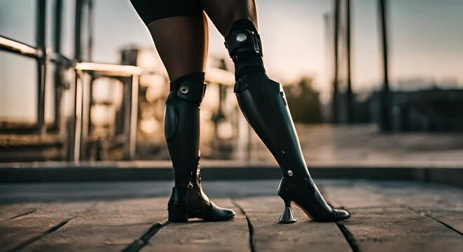 Person with leg prosthesis.