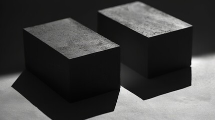   Two black cubes rest atop a white table, placed side by side