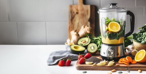 Smoothie preparation with blender  and various fruits and vegetables on table at wall background. Front view. Copy space
