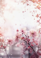Beautiful floral background in light pink tones of cherry blossom, backlit and sunshine bokeh. Outdoor - obrazy, fototapety, plakaty