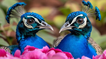   A couple of blue birds perch adjacent to each other on a green, leaf-covered field Pink and white flowers bloom abundantly beneath them