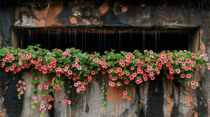   Pink flowers bloom from a windowsill, cascading against a brick wall Ivy adorns the bricks, enhancing the scene