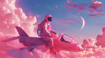 Astronaut in a pink spacesuit sitting on a pink plane flying in a pink cloudscape with a crescent moon. - obrazy, fototapety, plakaty