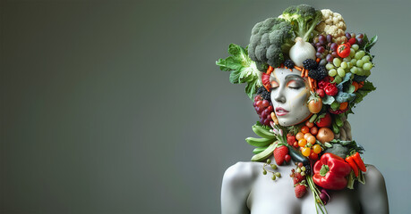 Young women with headdress with various fruits and vegetables at gray background - 791915031