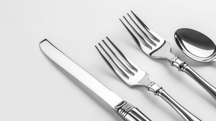   A fork, knife, spoon, and spoon rest sit on a white tabletop Their reflections are visible in the surface