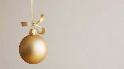 Golden christmas ball hanging on a beige background, with a gold ribbon minimal still life photography, with a copy space. - obrazy, fototapety, plakaty