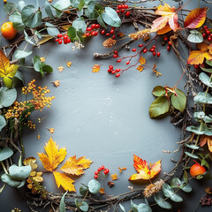 Beautiful autumn frame with various flowers and leaves arrangement, top view - 791915096