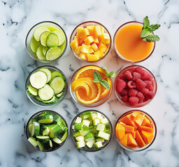 Top view of glasses with various diced fruits, vegetables and berries. Healthy food and life style