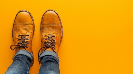   Two sets of blue jeans and brown shoes against a yellow backdrop