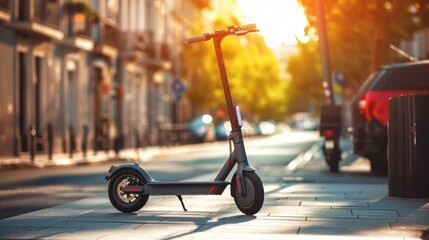 Electric scooter is parked on the side of the street on a sunny day. The midday sun brightly...