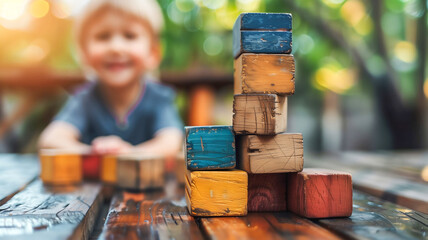 kid playing wooden colorful toy blocks on wooden table .