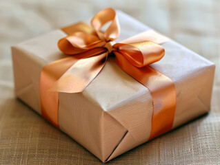 Detailed shot of a neatly wrapped gift with a simple, festive ribbon.