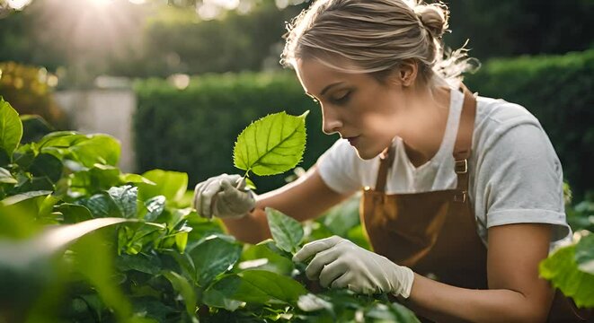Gardener woman pruning her plants.