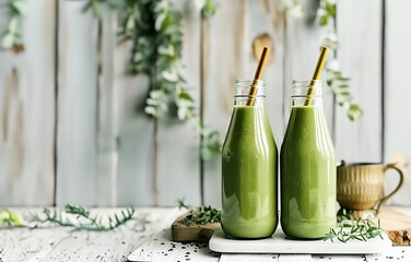 Homemade green smoothie in bottles with drinking straw on white kitchen table. Healthy lifestyle - 791915639