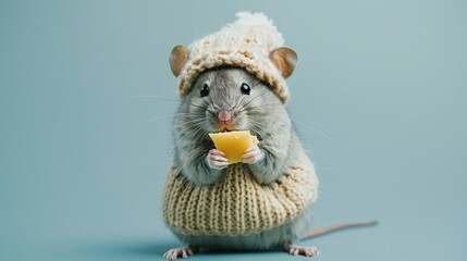 Adorable mouse in a knitted hat holding a piece of cheese, with a soft-focused background